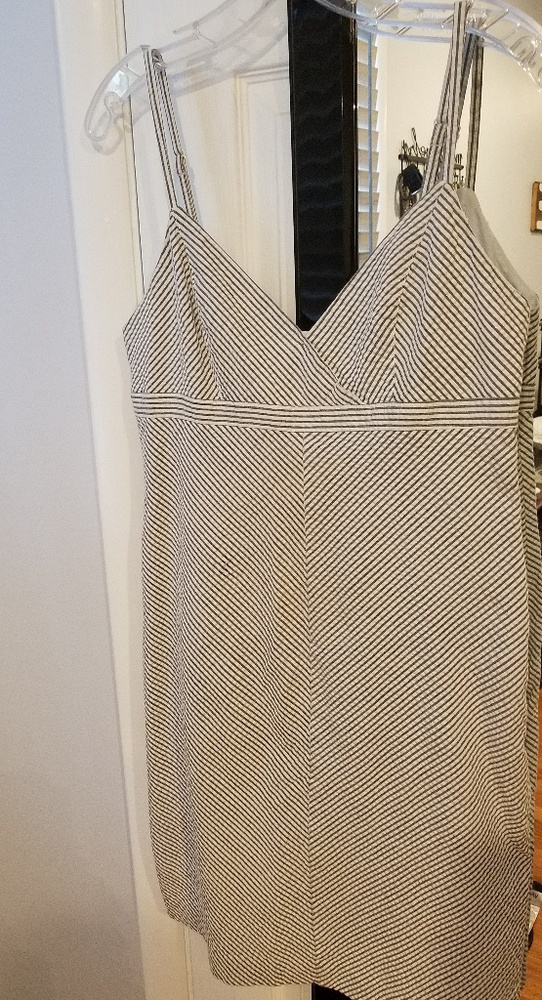 Skinny strap blueish grey & white stripe dress
